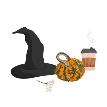 Halloween Aesthetic Composition with a Witch Hat, Warty Pumpkin, and Paper Co Stock Illustration