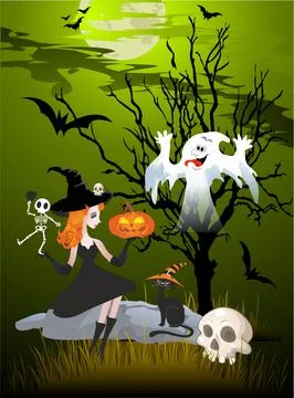 Halloween and the witch, Stock Illustration
