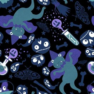 Halloween animals seamless frogs pattern for wrapping paper and fabrics Illustrazione stock