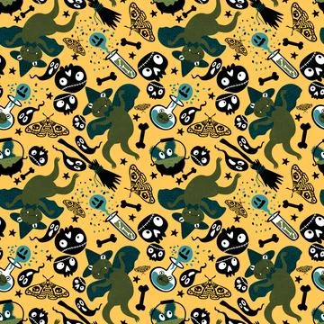 Halloween animals seamless frogs pattern for wrapping paper and fabrics Illustrazione stock
