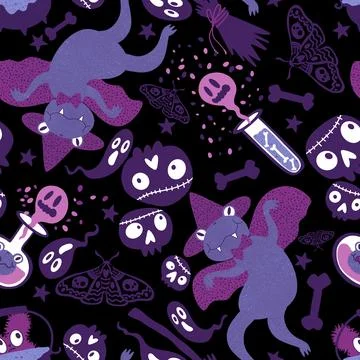 Halloween animals seamless frogs pattern for wrapping paper and fabrics Illustrazione stock