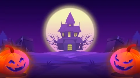 Halloween Animated Background Template with Haunted House and Pumpkins Stock Footage 339266977