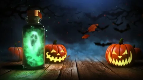 Halloween Animated Scene with Ghost in Bottle, Glowing Jack-o'-Lanterns Stock Footage 317087836