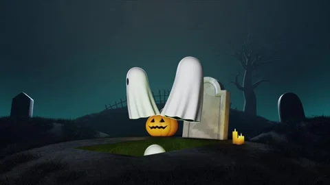 Halloween Animated Scene with Ghosts, Jack-o'-Lantern, and Tombstones Stock Footage 317087807