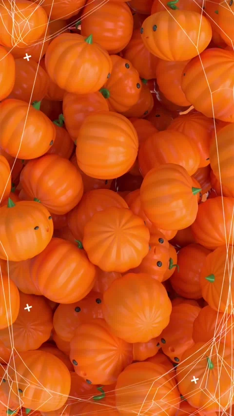 Halloween Animated Scene with Stack of Smiling Pumpkins and Spiderweb Overlay Stock Footage 317360363