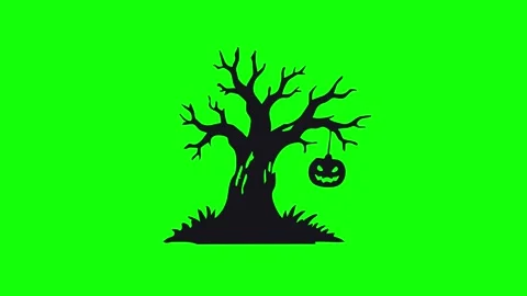 Halloween animated spooky dead tree silhouette with hanging pumpkin jack o .. Stock Footage 346569471