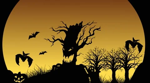 Halloween Animation with bats, jack-o'-lantern, tombstone and ghost Stock Footage