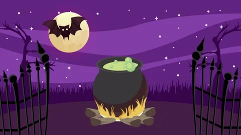 Halloween animation with boiling witch cauldron and bat flying in spooky ce.. Vídeo Stock 338421176