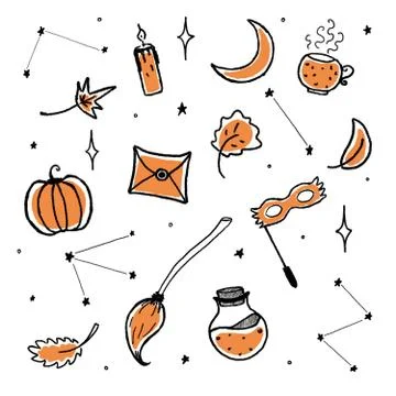 Halloween autumn magic elements illustration in orange Stock Illustration
