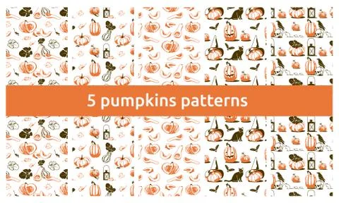 Halloween autumn objects 5 patterns Illustrazione stock