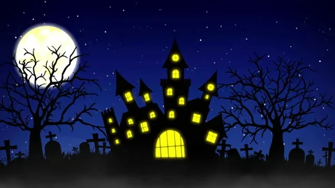 Halloween background animation with the concept of Haunted Castle, Moon and Stock Footage