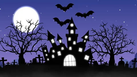 Halloween background animation with the concept of Haunted Castle, Moon and Bats Stock Footage 162494746