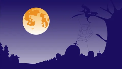 Halloween background animation with full moon, a witch flies on a broom, a Stock Footage 138748389