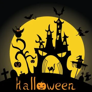 Halloween background. Bat, witch, castle, cemetery. Silhouette. Vector illust 스톡 일러스트