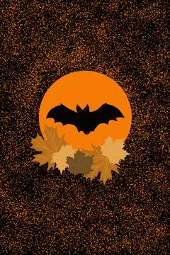 Halloween background. black bat inside an orange sphere and autumn leaves. Stock Illustration