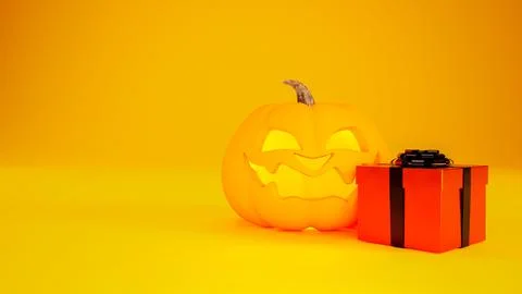 Halloween background concept with Jack o lantern and orange gift box, 3d re.. Stock Illustration