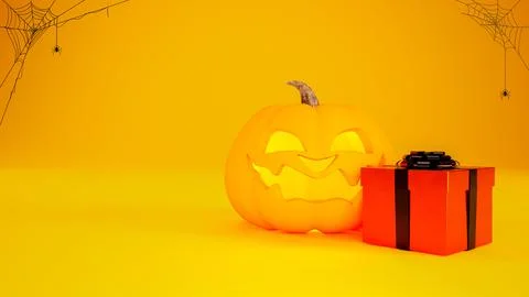 Halloween background concept with Jack o lantern, orange gift box and spider web 스톡 일러스트