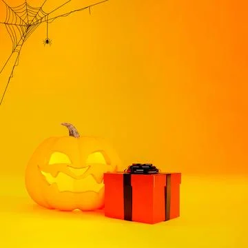 Halloween background concept with Jack o lantern, orange gift box and spider web Stock Illustration