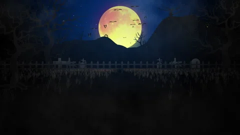 Halloween background concept, Spooky graveyard scene with a full moon, bats. Stock Footage 280093230