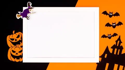 Halloween background with copy space in frame and scary stickers on orange an Stock Illustration