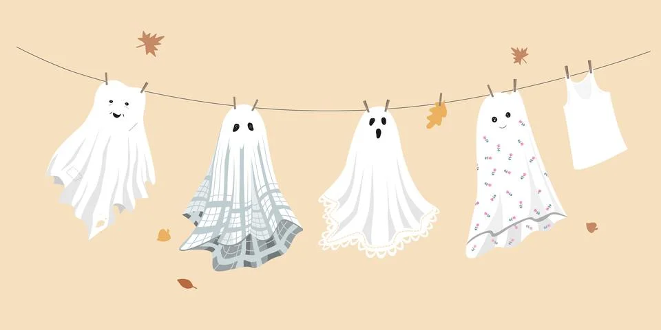 Halloween background with cute ghosts sheets drying on the rope. Funny autumn Stock Illustration