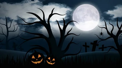 Halloween Background. Flat animation with trees, pumpkins, bats and spider Stock Footage 139502887