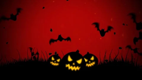 Halloween background with flying bats and pumpkins in spooky dark atmosphere Stock Footage 313744722
