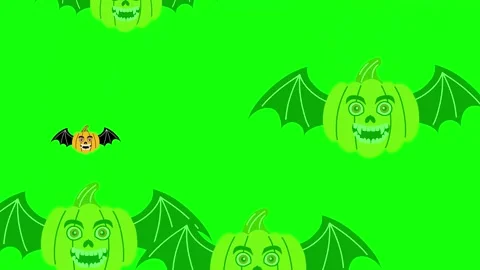 Halloween background with flying pumpkins on  green chroma key backdrop. Stock Footage 311443855
