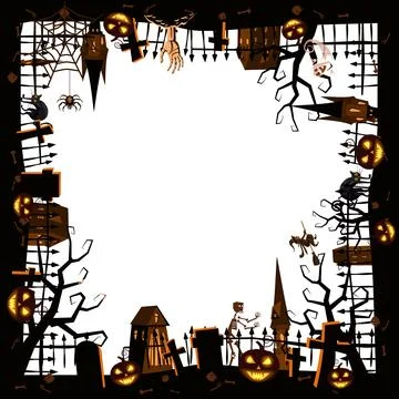Halloween background frame. Cemetery, fence, abandoned mansion Stock Illustration