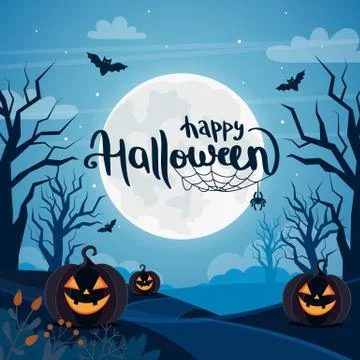 Halloween background with full moon, pumpkins and lettering Stock Illustration