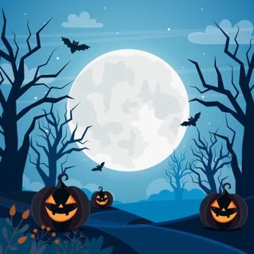 Halloween background with full moon, pumpkins and trees Illustration