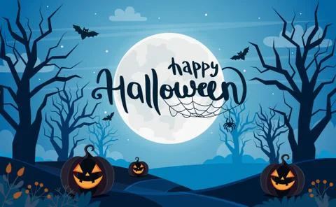 Halloween background with full moon, pumpkins and lettering Stock Illustration