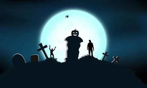 Halloween Background with Full Moon, zombie and Graveyard Stock Illustration