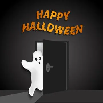 Halloween background with funny ghost opening the door Stock Illustration