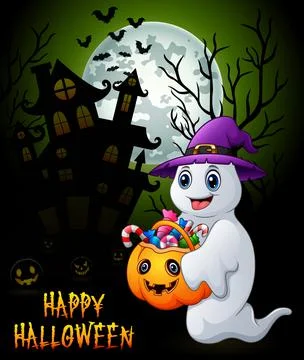 Halloween background with ghost holding full of candies in basket pumpkin Stock Illustration