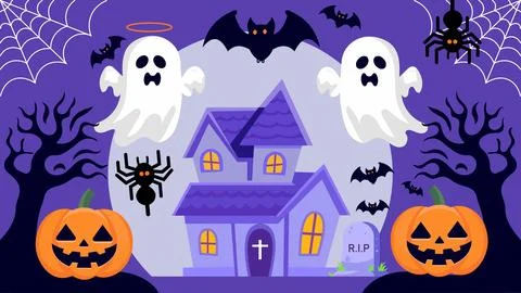 Halloween background with ghost, spider, house and bats. Vector illustration Illustrazione stock