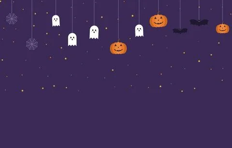 Halloween background with hanging pumpkins, ghosts, bats and spider webs on Stock Illustration