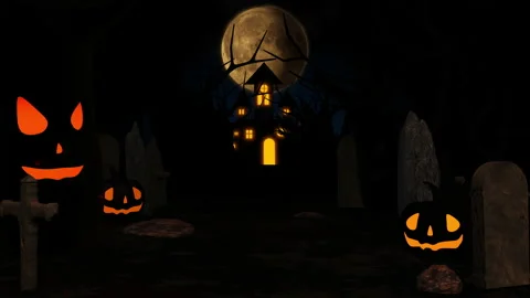 Halloween background with haunted castle, ghost, bats and pumpkins, graves Stock Footage 135293017