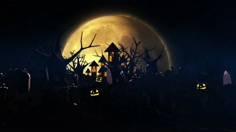 Halloween background with haunted castle, ghost, bats and pumpkins, graves Stock Footage 135293397