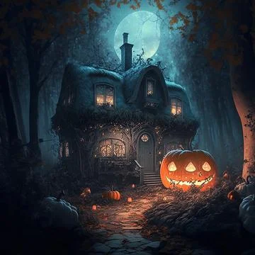 Halloween Background. Huge pumpkin house in magical forest at night. Use of Stock Illustration