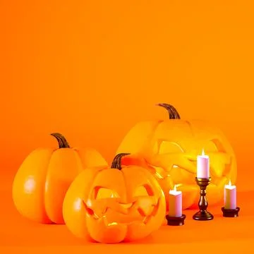 Halloween background with Jack o lanterns and candles 3d render with copy s.. Stock Illustration