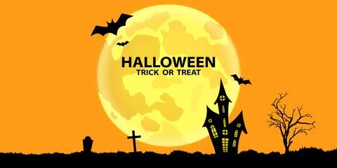 Halloween background with moon and bat silhouette style of sunset orange ligh Stock Illustration