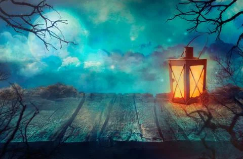 Halloween Background. Old Table With Lantern And Full Moon. Stock Photos
