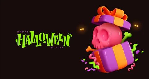 Halloween background. Open gift box full of decorative elements skull and b.. Illustrazione stock