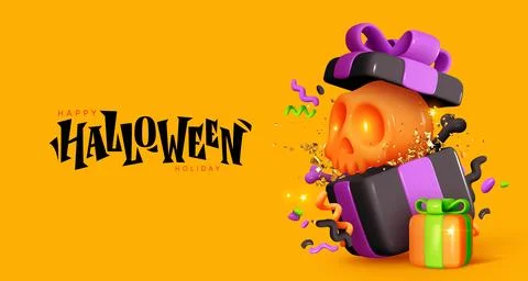 Halloween background. Open gift box full of decorative elements skull and bon イラスト素材