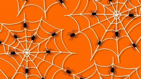 Halloween background with orange surface white spider webs and small black .. 스톡 일러스트