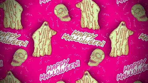 Halloween Background Pattern with Ghosts and Skulls on Bright Pink Stock Footage 331110448