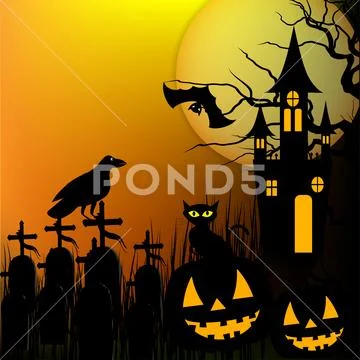 Halloween background with pumpkin, black cat and haunted house for Halloween Stock Illustration