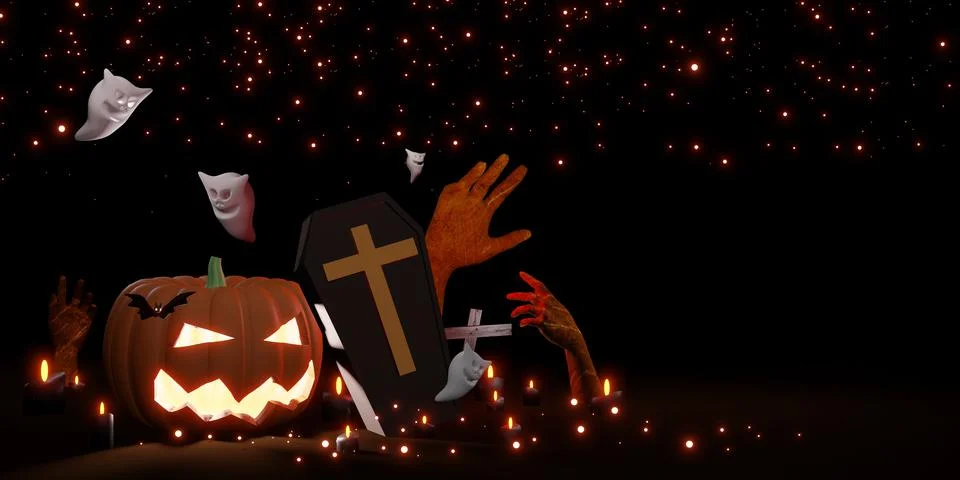 Halloween background Pumpkin devil and ghost 3D illustration Stock Illustration