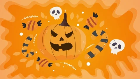 Halloween background with pumpkin skulls candy orange festive design Stock Footage 317872529